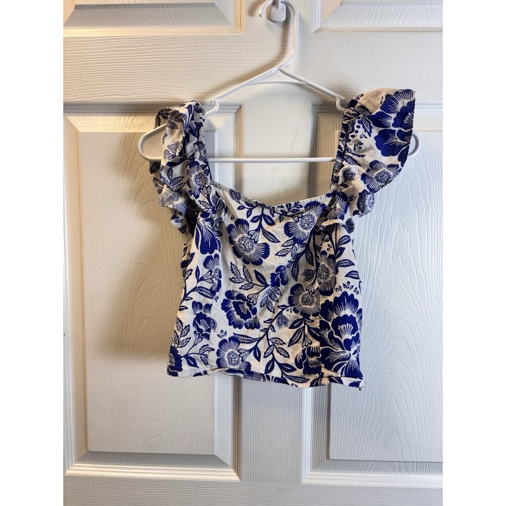 Rachel Zoe Women 3/4 Sleeve Button Linen Rayon Top Size M White Blue Floral
